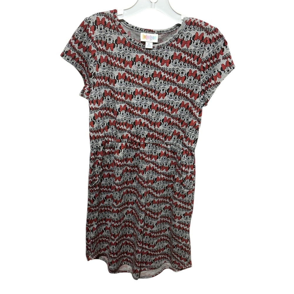 LuLaRoe Disney Mae Dress Girls 12 Minnie Mouse Red Bow Heather Gray Short Sleeve